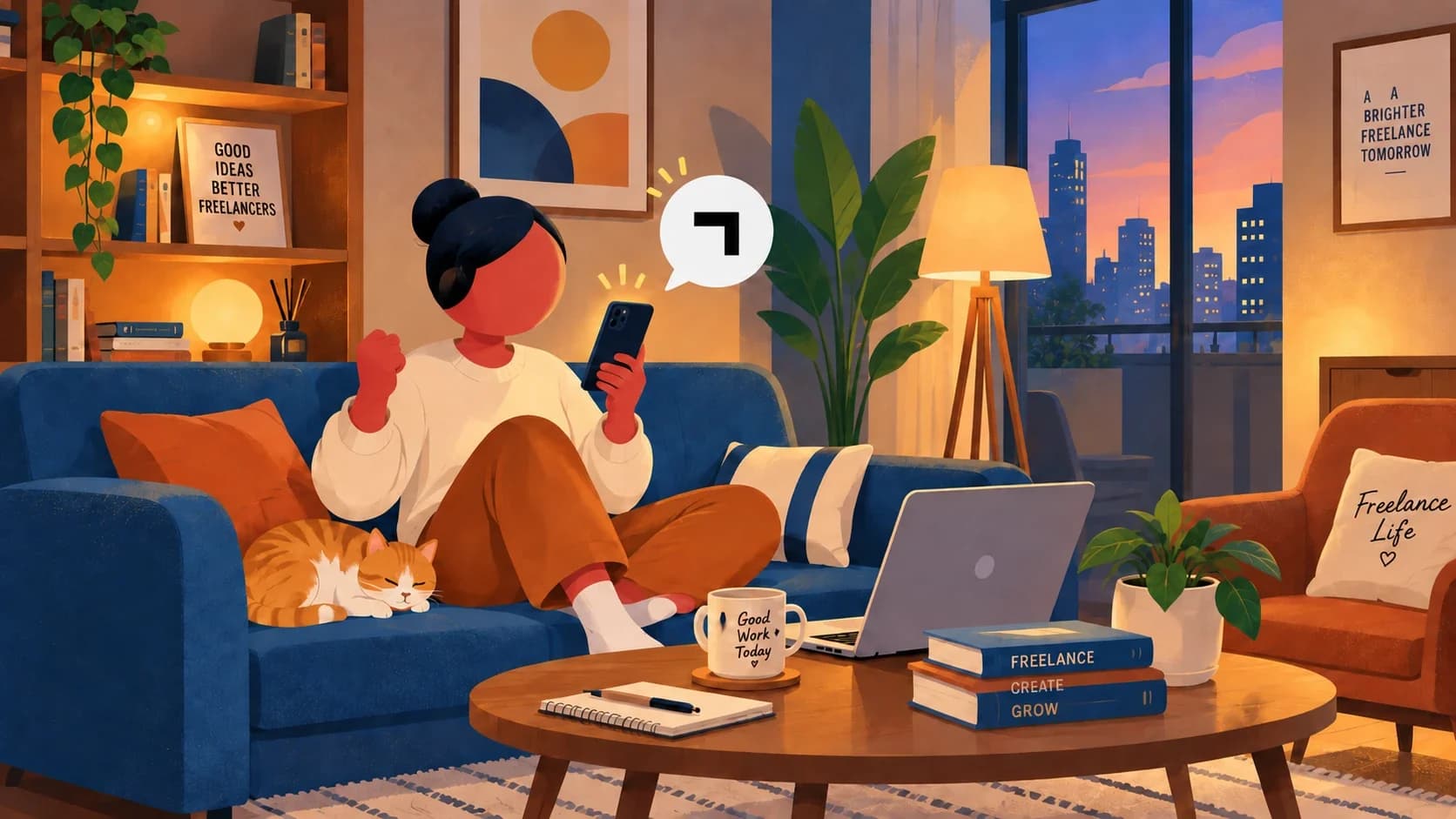 Freela no sofá de casa recebendo um convite de turno no celular