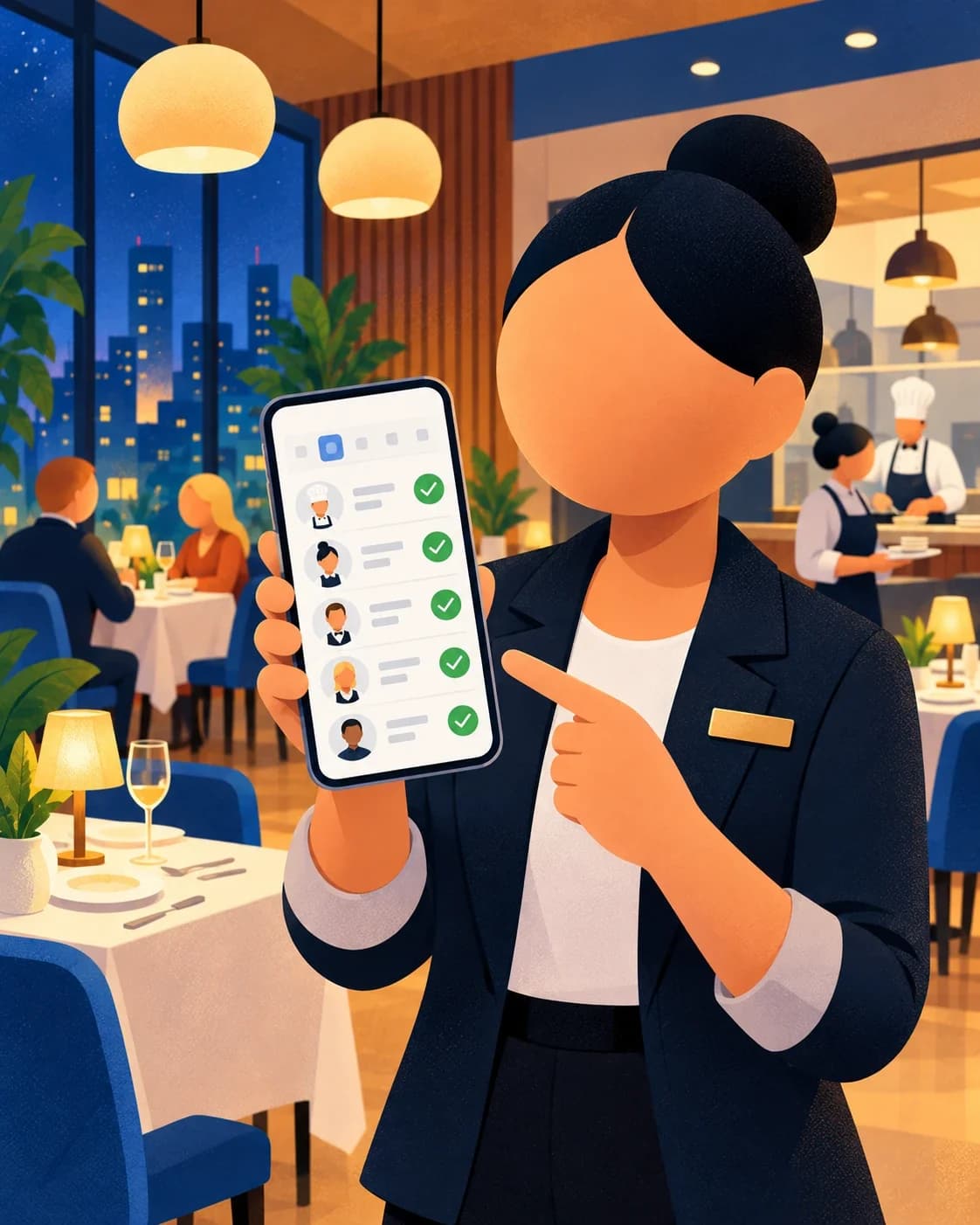 Gerente no salão mostrando no celular a escala da noite toda confirmada